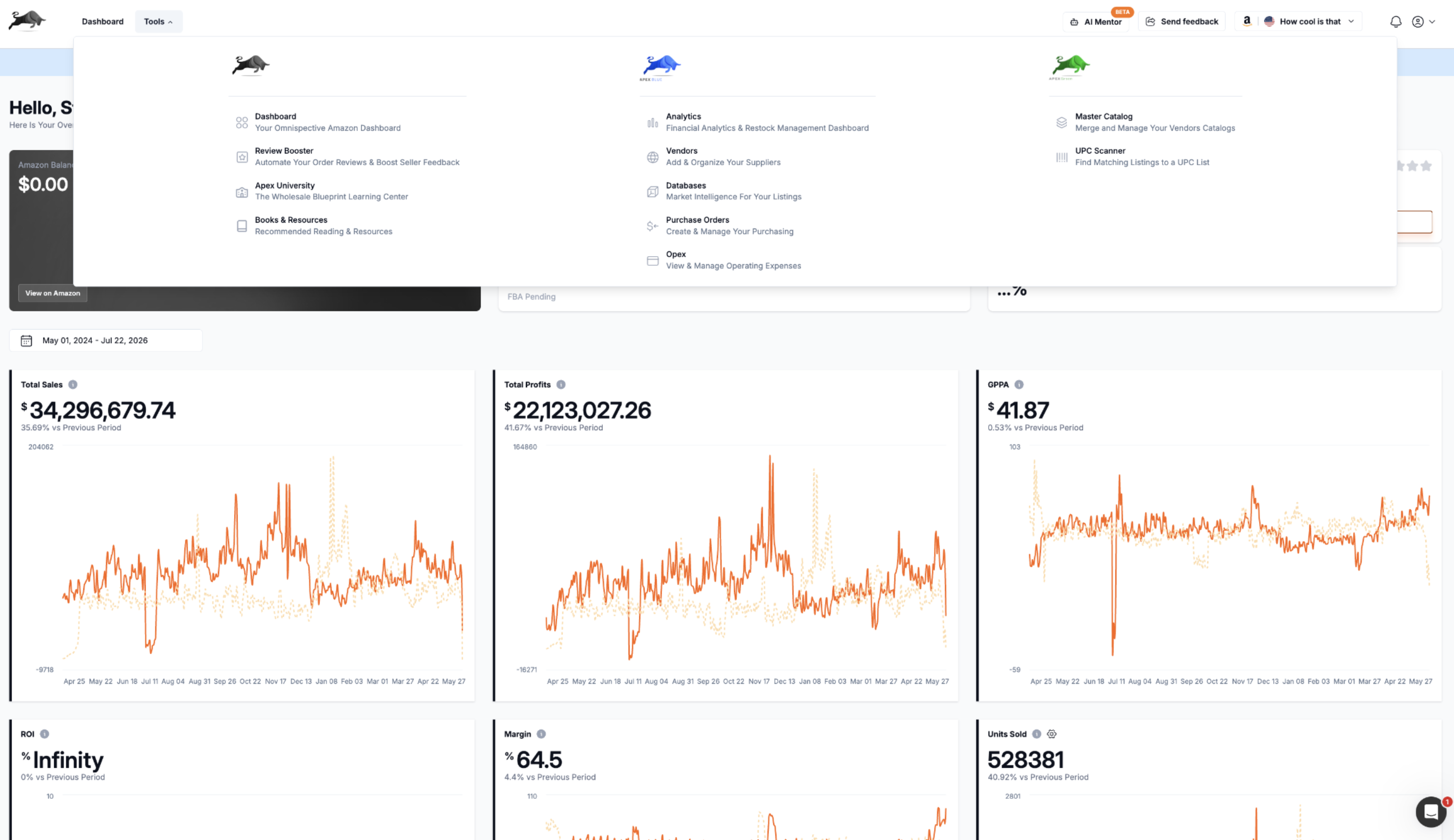 The Apex suite dashboard with the Tools menu open