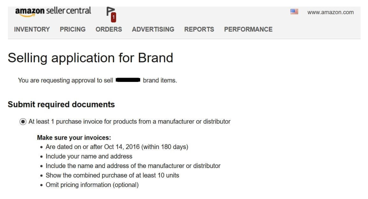 Amazon Seller Central selling application for Brand, listing required invoice documents